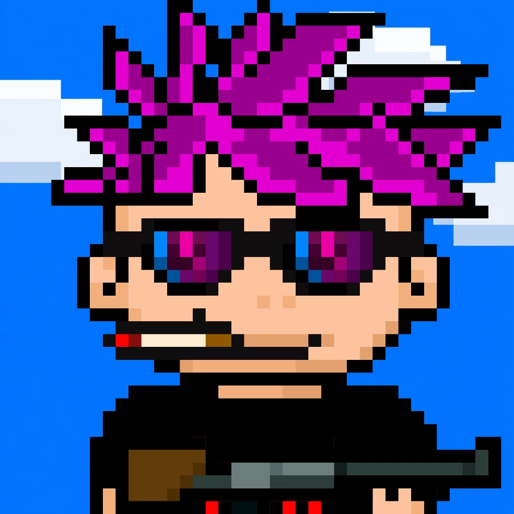 Minihood #0001 — pink spiky hair, sunglasses, cigarette